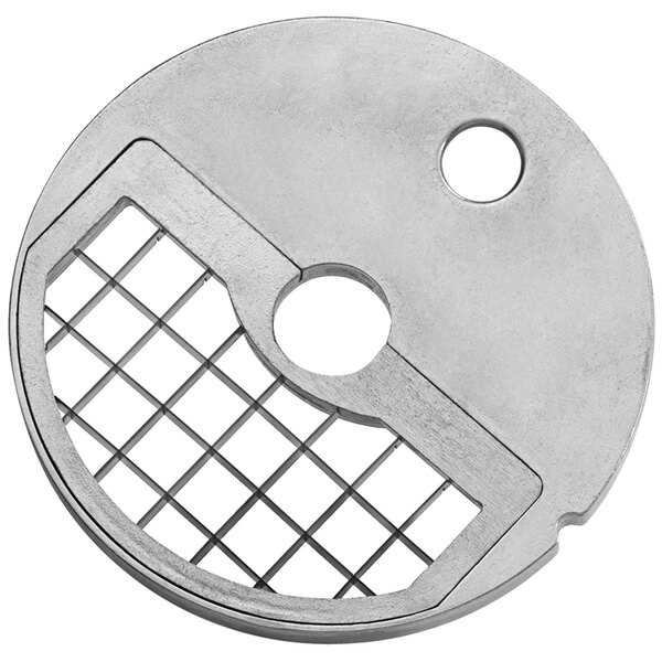A Sirman dicing grid, a circular metal grid with holes.