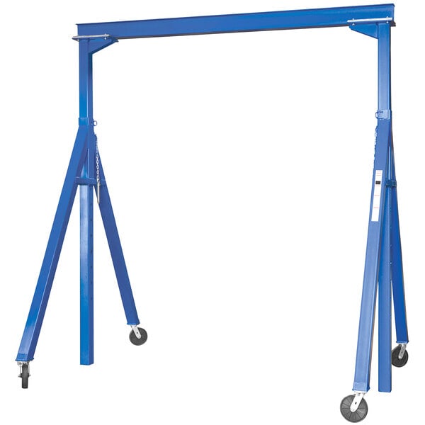 A blue steel Vestil gantry crane with wheels.