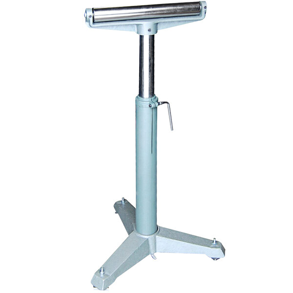 A metal Vestil roller stand with a gas positioning cylinder on top.