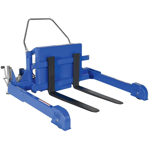 A blue pallet truck with black handles.