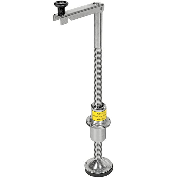 A Vestil steel leveling jack with a black screw and black handle on a metal stand.