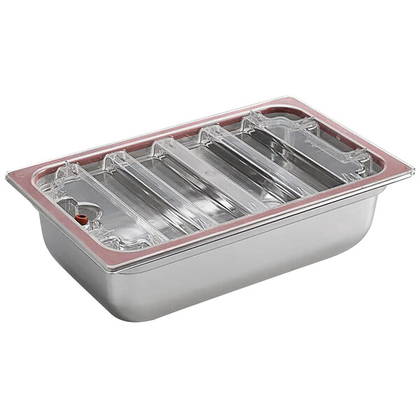 A silver Sirman reinforced stainless steel container with clear plastic and red trim on a counter.