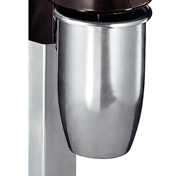 A close-up of a stainless steel Sirman malt cup.