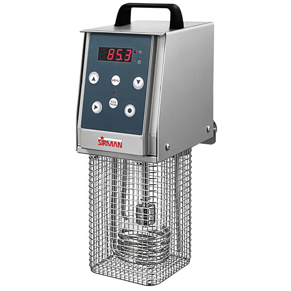 A grey and black Sirman SOFTCOOKER Y09 sous vide thermal immersion circulator head with a black handle and digital display.
