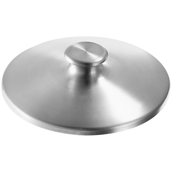 A silver metal lid with a round handle.