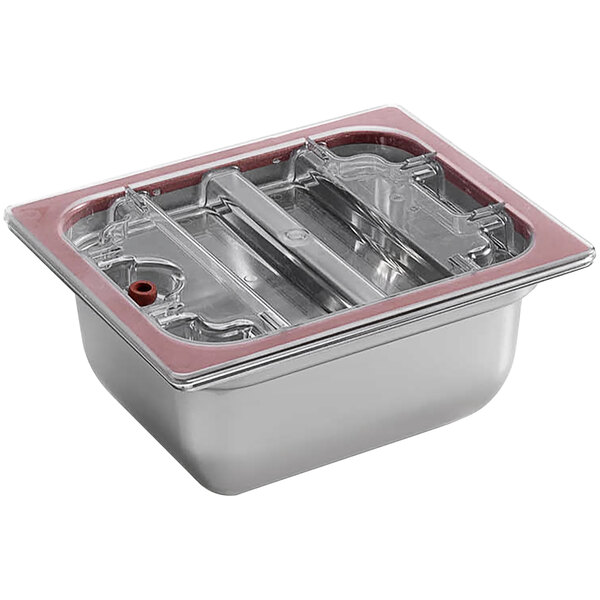A silver Sirman reinforced stainless steel 1/2 gastronorm container with a red rim.