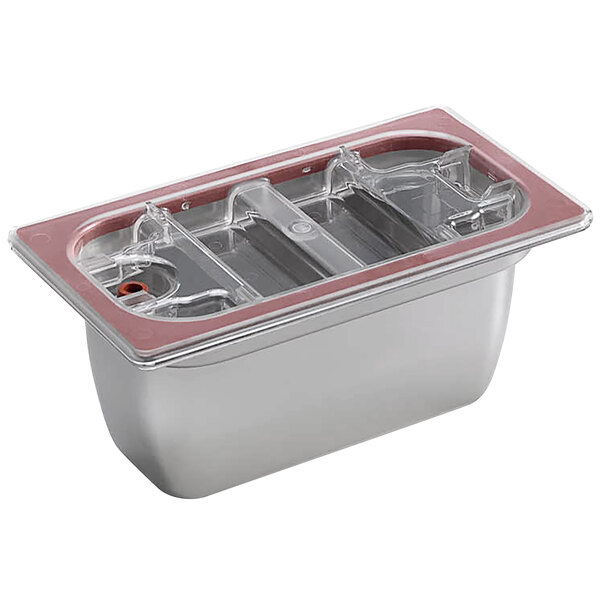 A silver Sirman 1/3 Gastronorm container with a clear plastic and red trim lid.