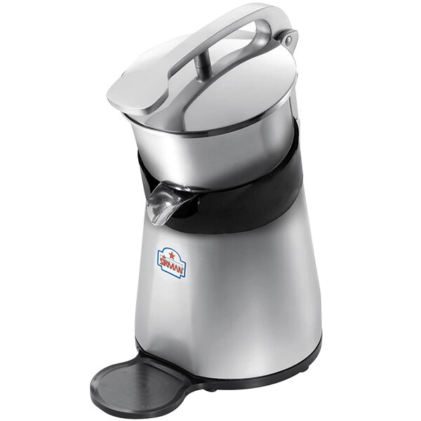 A silver and black electric juicer with a black lid.