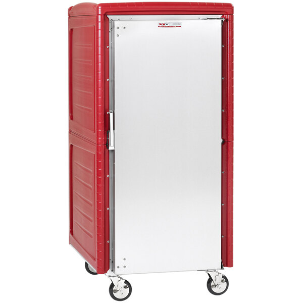 A red Metro C5 insulated transport cabinet with silver lip load slides.