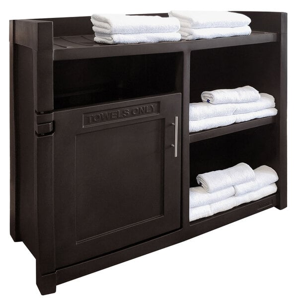 A black Mayne Fairfield towel valet with white towels on the shelf.