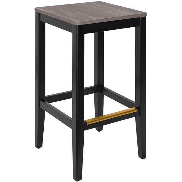 A black BFM Seating barstool with a wooden seat.