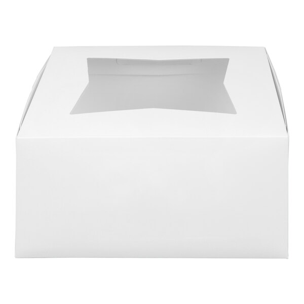 A white cupcake box with a clear window on top and a reversible insert for holding six cupcakes.