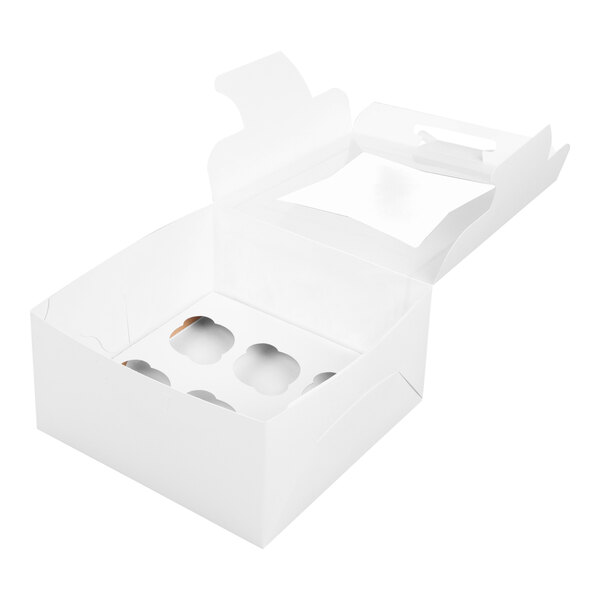 A white cupcake box with a clear window and a six-slot reversible insert.