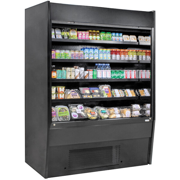 A black Structural Concepts Oasis refrigerated air curtain merchandiser with food and drinks on display.