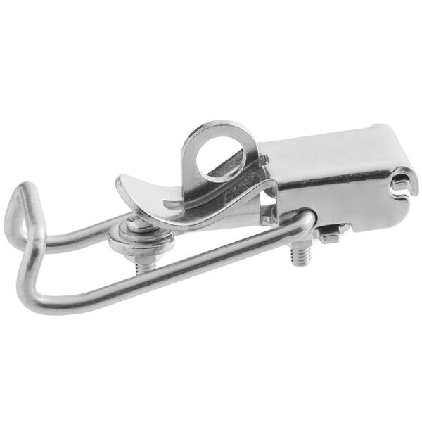 A close-up of a metal Fryclone latch with a hook.