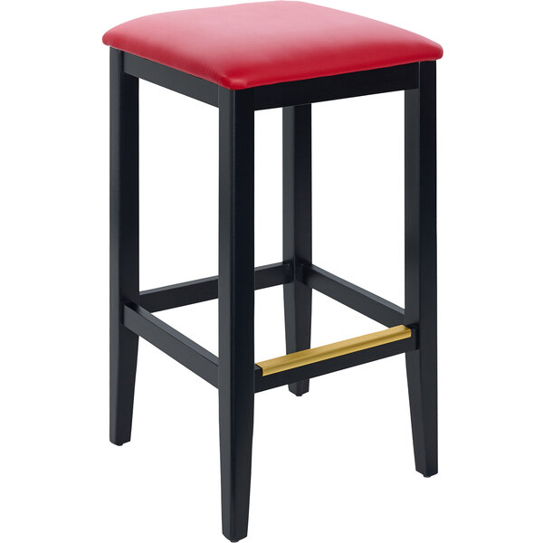A black BFM Seating barstool with a red vinyl seat.