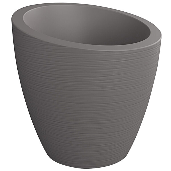 A Mayne Modesto graphite grey planter with a curved surface on a white background.