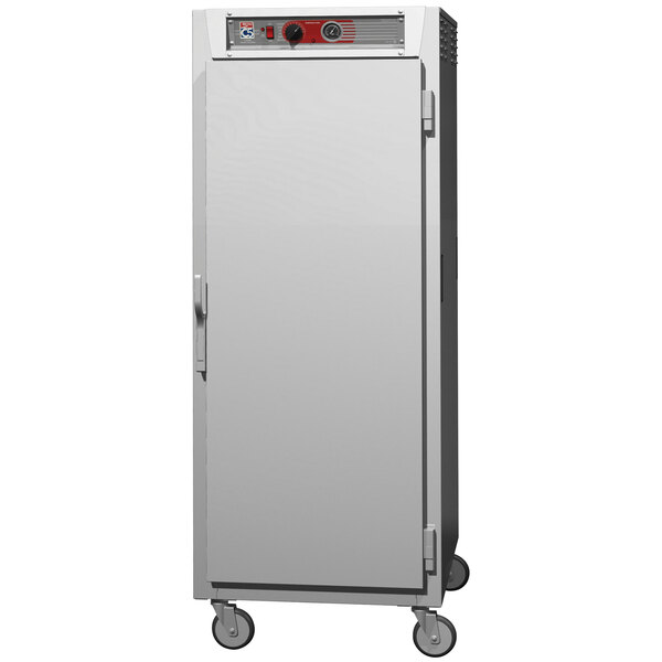 A large silver insulated holding cabinet with a stainless steel door and lip load slides.