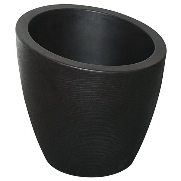 A black planter with a curved edge.