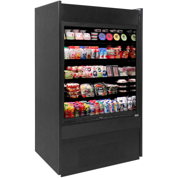A black Structural Concepts micromarket refrigerated air curtain merchandiser with different types of food on shelves.