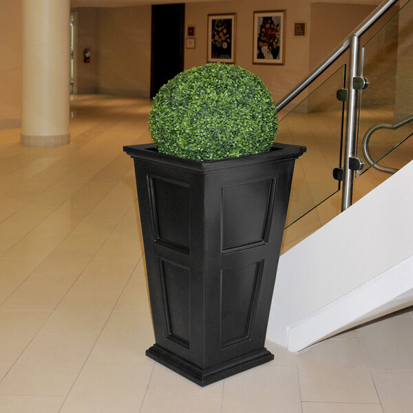 A Mayne Fairfield black planter with a large green bush in it.