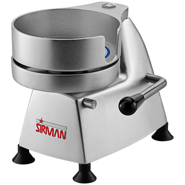 A Sirman stainless steel hamburger patty press with a round container.