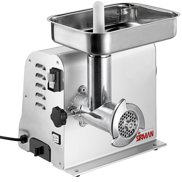 A silver Sirman electric meat grinder with a metal tray.