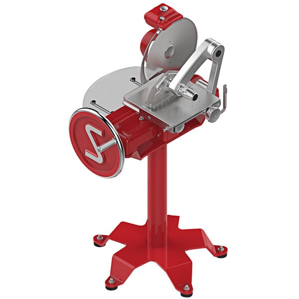 A red and silver Sirman Anniversario LX 350 prosciutto slicer on a table with a stand.