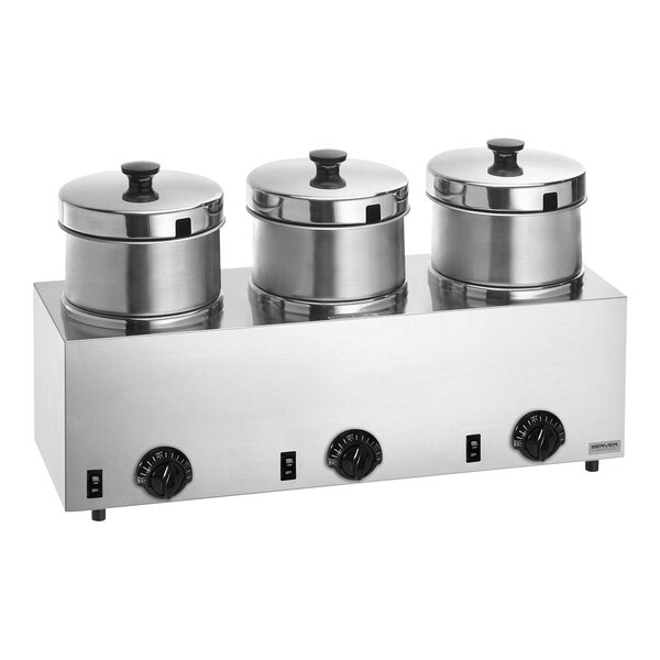 A Server countertop soup warmer with three stainless steel pots and black hinged lids.