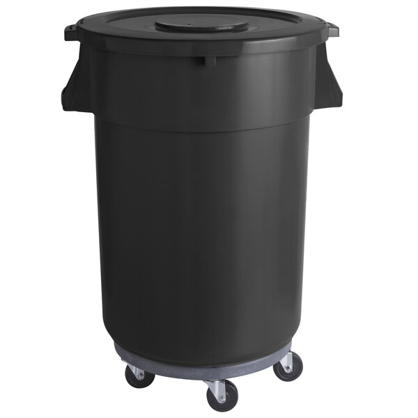 A black trash can with wheels and a lid.