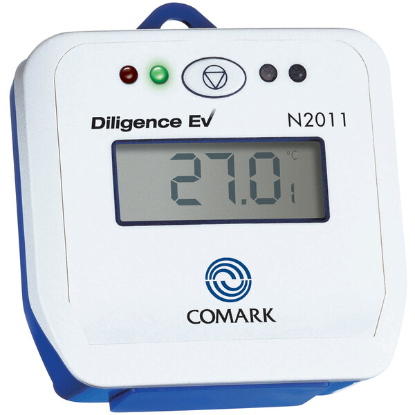 A Comark Diligence EV temperature data logger with a digital display showing the temperature of the water.