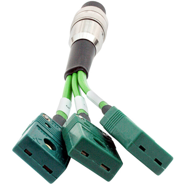 A green and silver Comark Type-K adapter cable with two plugs.