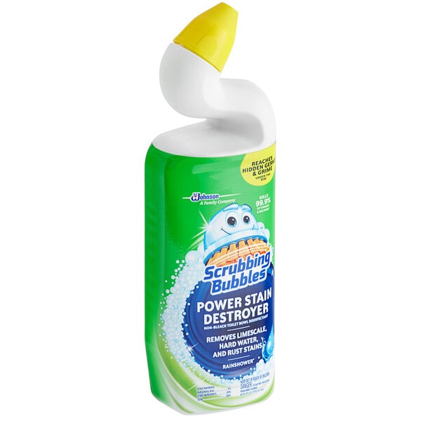 A green and white SC Johnson Scrubbing Bubbles toilet bowl cleaner bottle with a white lid.