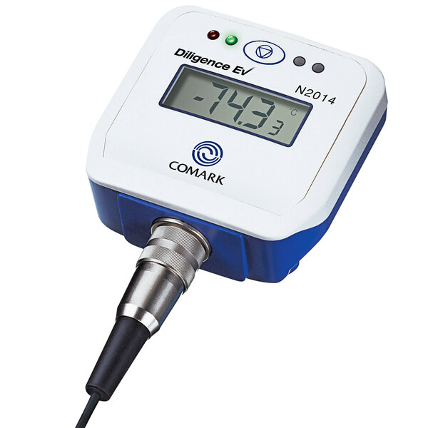 A white and blue Comark Diligence EV Multi-Sensor Temperature Data Logger with a black and blue cord.