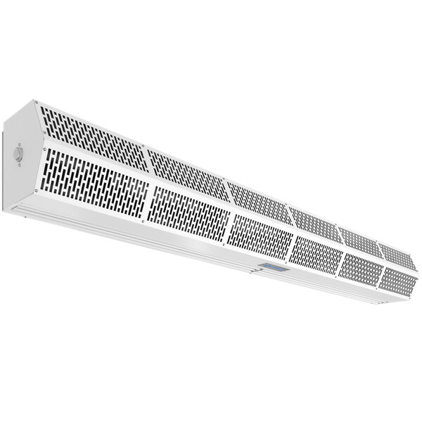 A white wall mounted rectangular air curtain with holes.