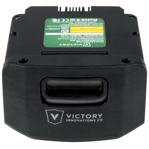 A black rectangular Victory battery pack with a green label.