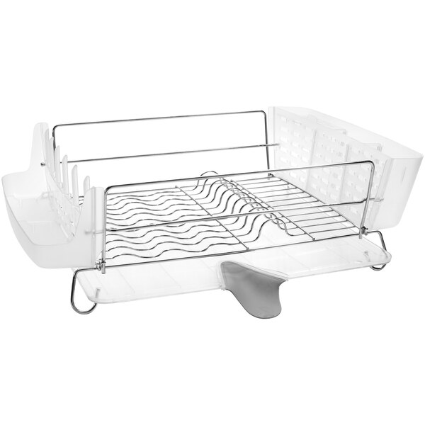 A stainless steel OXO Good Grips dish rack with two racks and metal rods.