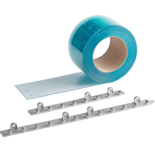 A Clearway strip curtain kit with a roll of blue plastic tape and a metal bar.
