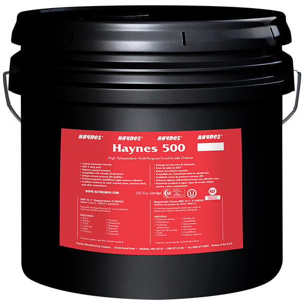 A black bucket of Haynes 500-25 Multi-Purpose High Temperature Grease with a red label.