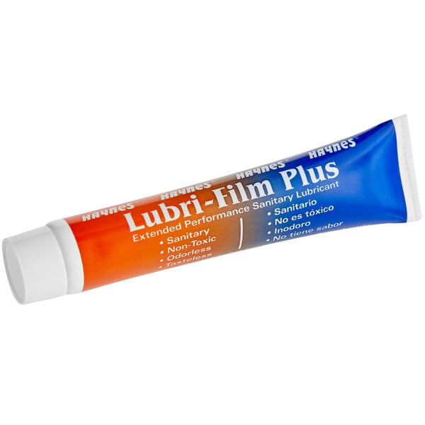 A white and blue tube of Haynes Lubri-Film Plus lubricating grease.