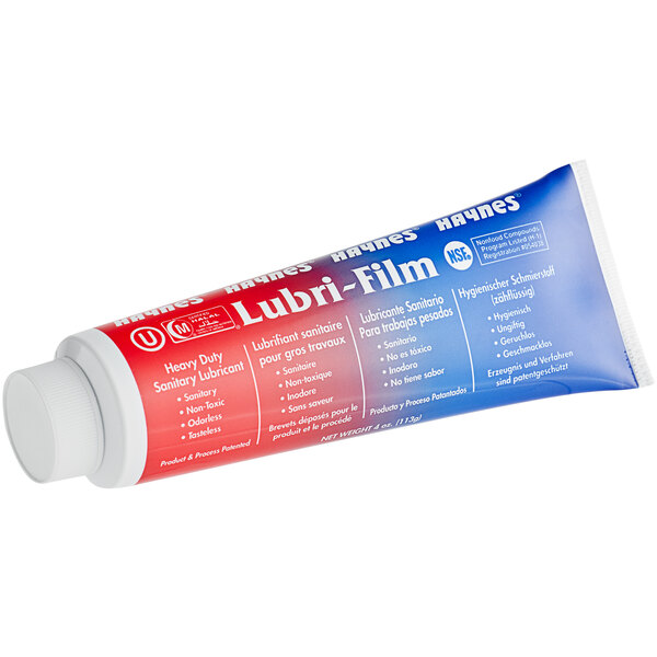 A red and blue tube of Haynes Lubri-Film lubricating grease.