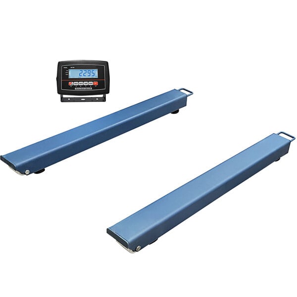 Two blue Optima Weighing beam scales with long rectangular blue steel beams.