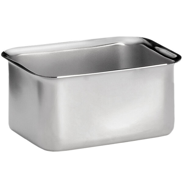 A Tablecraft stainless steel rectangular sugar caddy with a lid.