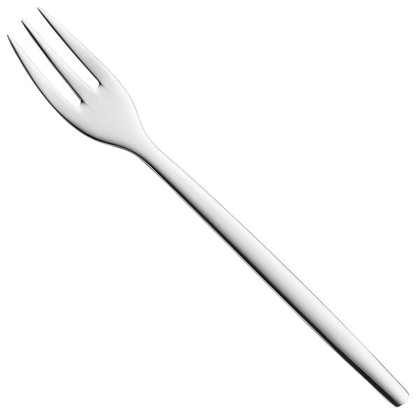 A silver WMF Elea cake fork with a white background.