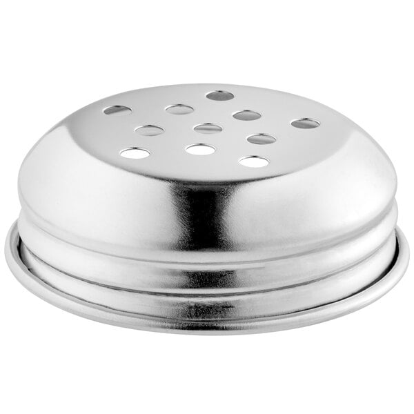 A Tablecraft chrome plated metal shaker top with holes.