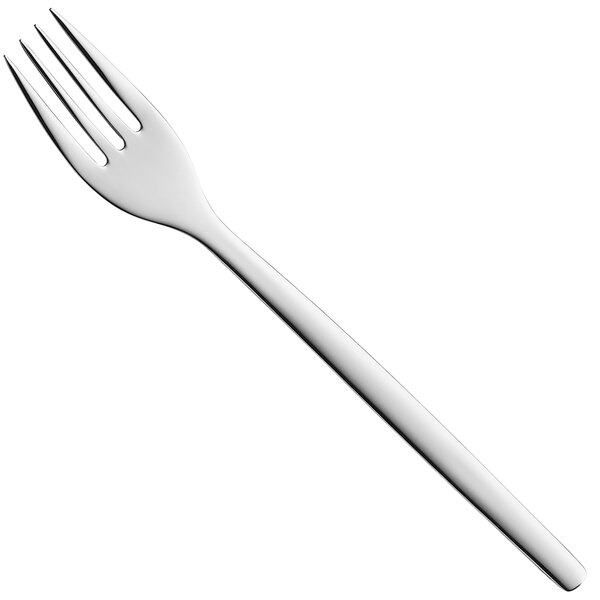 A close-up of a WMF stainless steel table fork with a white handle.