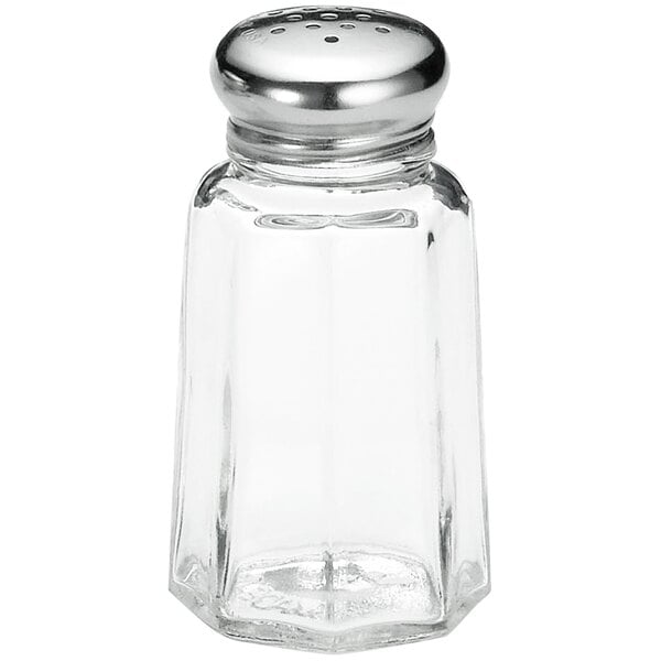 A Tablecraft clear glass salt shaker with a stainless steel lid.