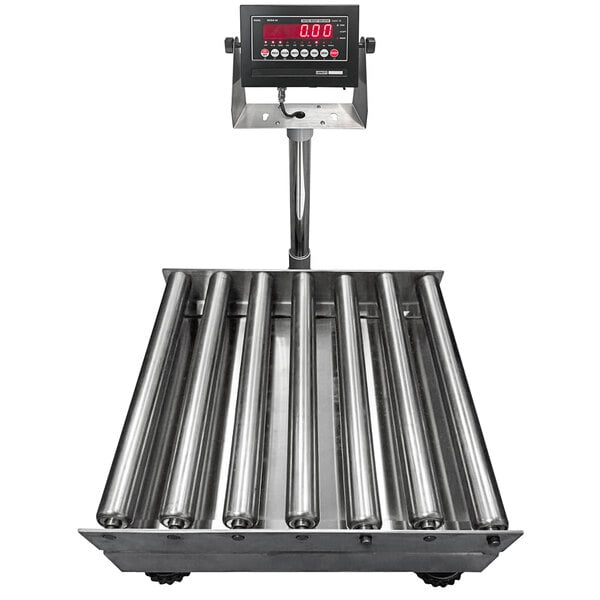 An Optima Weighing Systems legal for trade bench scale with a roller top platform and digital display.