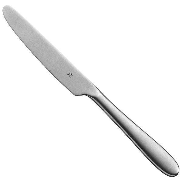 A WMF Sara stainless steel dessert knife with a silver stonewash handle.