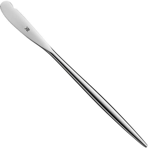 A WMF stainless steel bread and butter knife with a white handle.